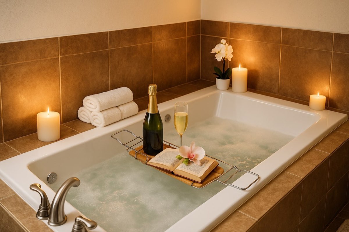 Jetted master tub with candles, romantic getaway near Atlanta at Zen Country
