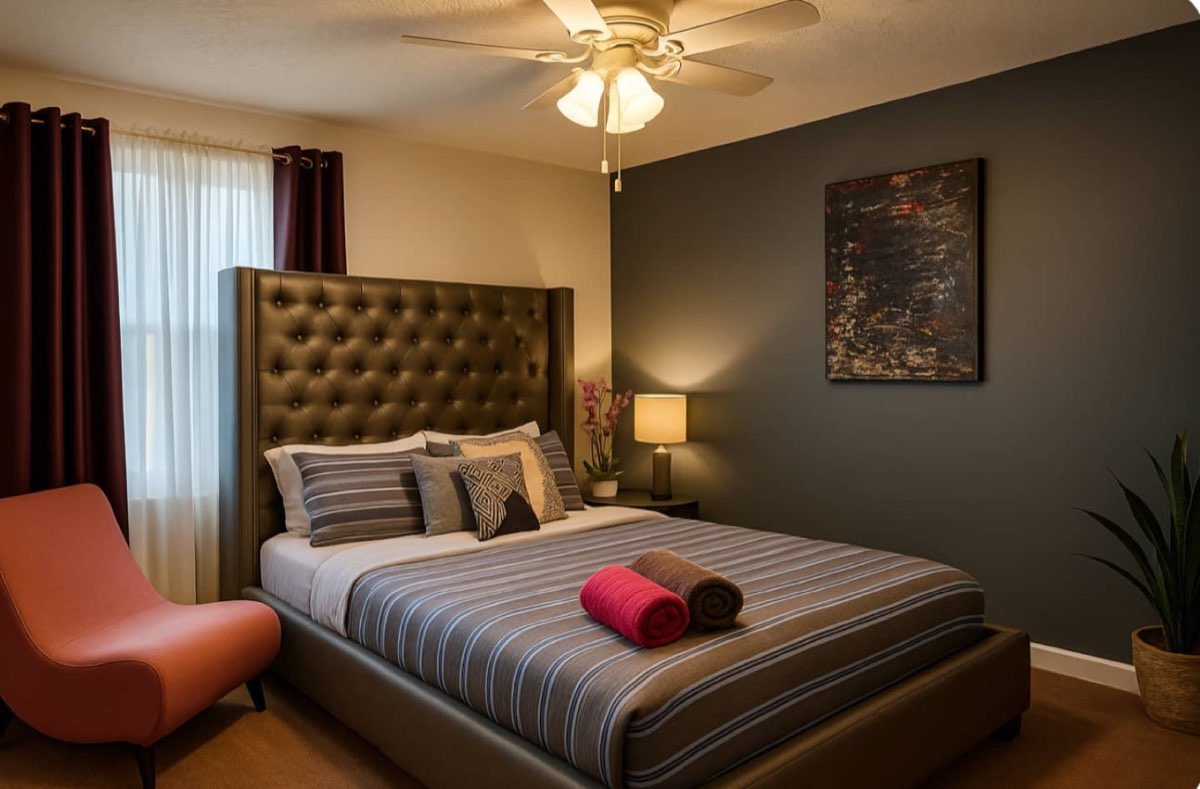 King bedroom with tufted headboard at Zen Country retreat near Atlanta