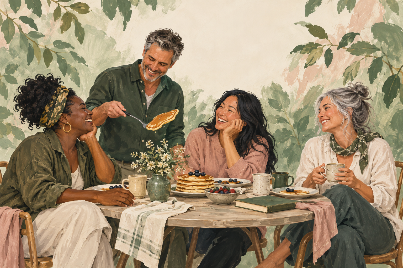 Illustration of friends sharing a relaxed, laughter-filled breakfast